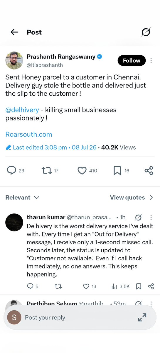 saranintwitte's tweet photo. @help_delhivery @Raybellious_007 This is an automated reply, I have sent a dm no resolution so far. Still my package not delivered .. see below almost all customers facing same issue. @delhivery https://t.co/LCtRhcWcnO