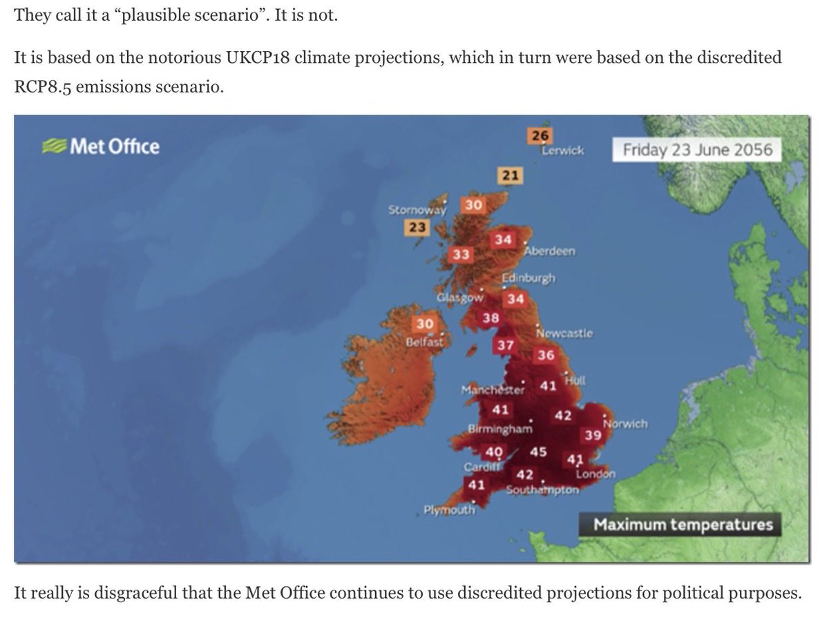 KeillerDon's tweet photo. The Met. Orifice is lying to you.
Again.
Its models are using RCP8.5 scenarios which the IPCC say are “implausible”.
#ClimateCrisis 
#Climatescam https://t.co/Sp7BnmVazm