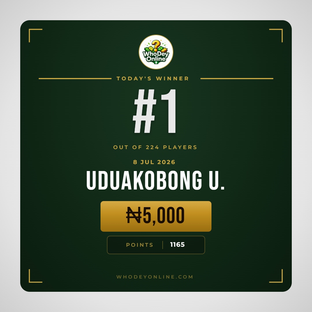 whodeyonline's tweet photo. The results are in... 🚨

Top Players — 8th July 2026

1️⃣ Uduakobong U. (@enny0ip) — ₦5,000 👑

2️⃣ Enoch O. (@web3enoch) — ₦2,000

3️⃣ Yvonne (@ubanirl) — ₦2,000

4️⃣ Shazy (@lilshazyy)

5️⃣ Ikenwa (@Sir_hbk01)

6️⃣ Justin (@justinharry__)

7️⃣ Okeoghene U. (@okeogheneugbara)

8️⃣ Selim (@iamswat_)

9️⃣ Natasha

🔟 olumidebabatundetemi_WDO47

Today's finish couldn't have been closer.

Uduakobong and Enoch both finished on 1165 points, so the winner had to be decided by the tie-breaker.

All winnings paid ✅

Congratulations to today's winners and everyone who competed.

#WhoDeyOnline