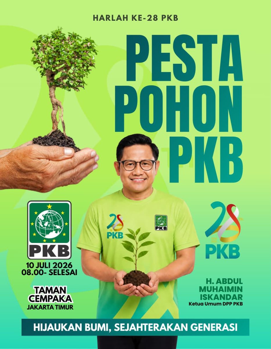 DPP_PKB's tweet photo. PESTA POHON PKB DIMULAI! Ayo Hijaukan Bumi Bersama!

Dalam rangka Harlah ke-28 PKB, mari ramaikan Pesta Pohon PKB dengan menanam harapan untuk masa depan yang lebih hijau. Setiap pohon yang ditanam adalah investasi bagi bumi dan warisan terbaik untuk generasi mendatang. https://t.co/Bpl5Tw2Uui