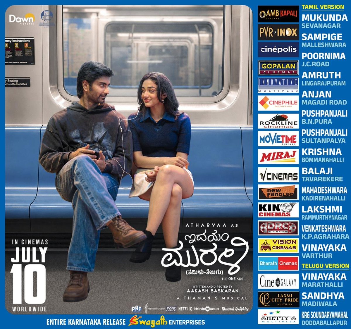 manumogali's tweet photo. #IdhayamMurali takes over screens this Friday, July 10 across Karnataka in Tamil &amp; Telugu! Witness #Atharvaa deliver a soul-stirring performance that will leave you completely spellbound. ⚡️

 Secure your seats and brace yourselves for the magic! 🎬✨
#IdhayamMuraliFromJuly10 https://t.co/uWZC1FKfYU