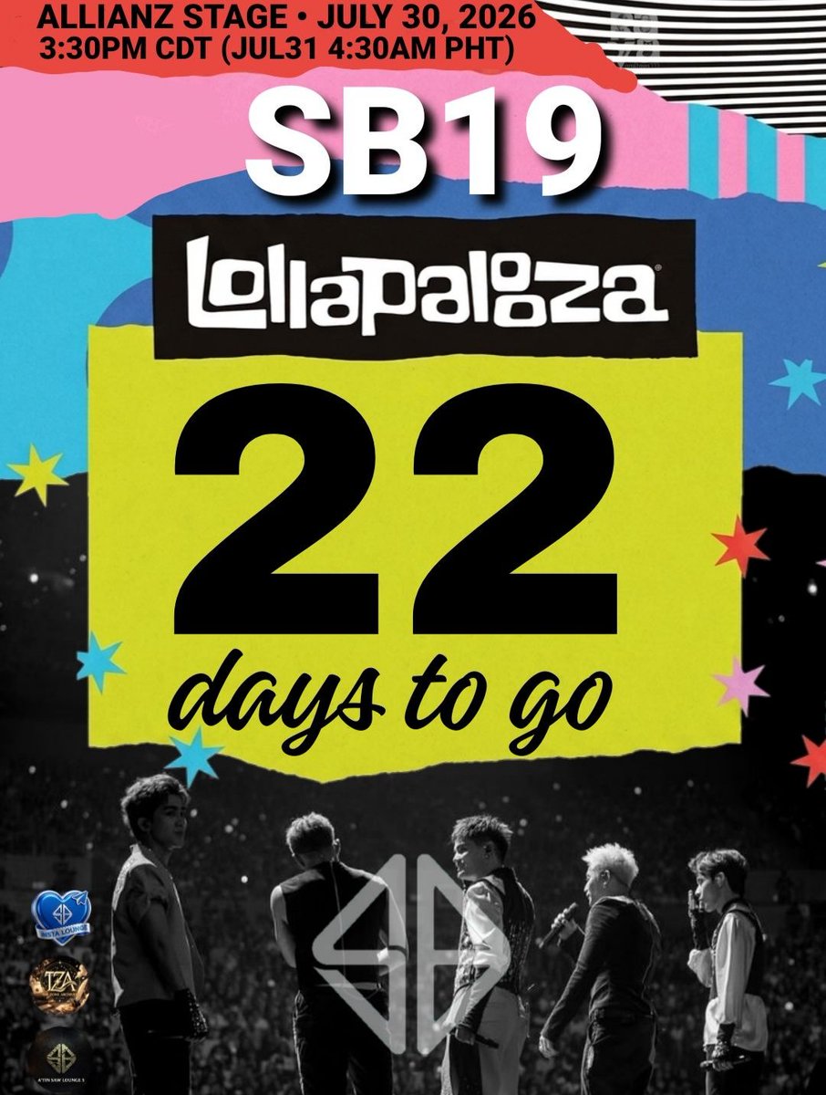 sb19instalounge's tweet photo. 22 DAYS! 

SB19 at Lollapalooza is SO close we can already feel it in our chest. 😭

Let's survive this countdown the A'TIN way, STREAM, ENGAGE, and hype every SB19 content we see.

Stay loud, A'TIN!

#SB19 #Lollapalooza #SB19TakesonLolla https://t.co/dHNJA0kDlK