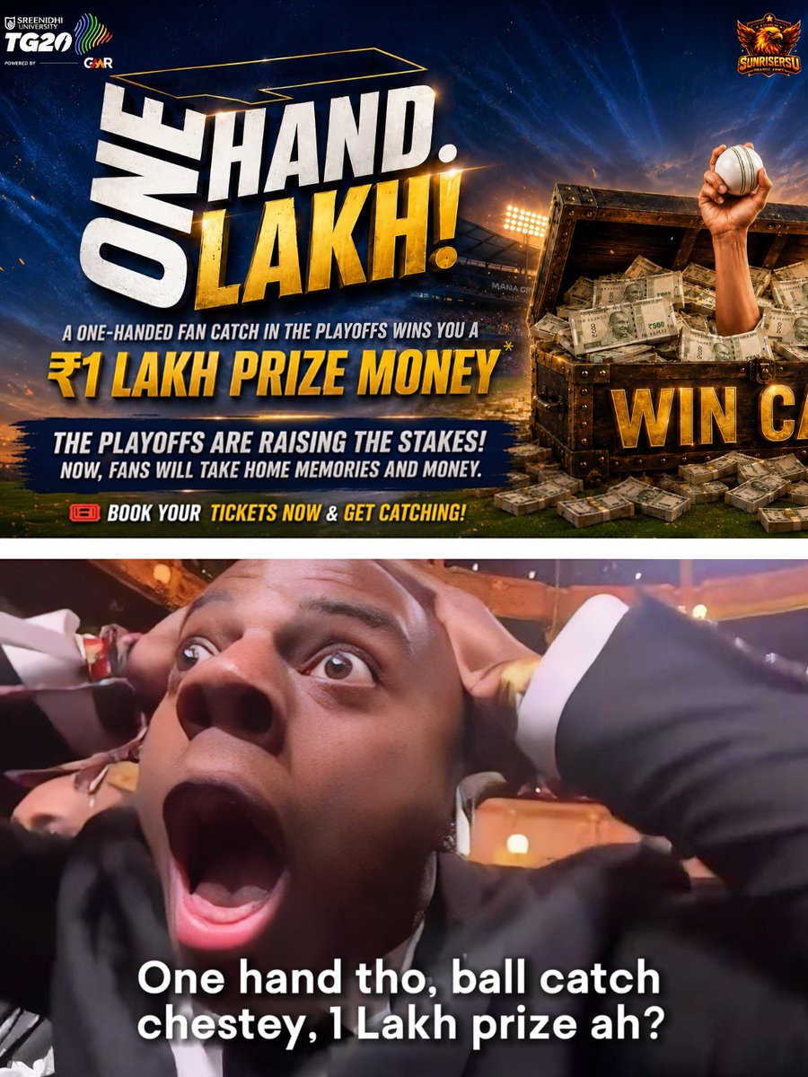 SUNRISERSU's tweet photo. 🙌 ONE HAND. ONE LAKH. 💸

Think you've got safe hands? Catch it one-handed during the TG20 Playoffs and you could walk away with ₹1 Lakh! 🏏🔥

🎟️ Book your tickets now!

#TG20 #Playoffs https://t.co/VfBbOBEGQ8