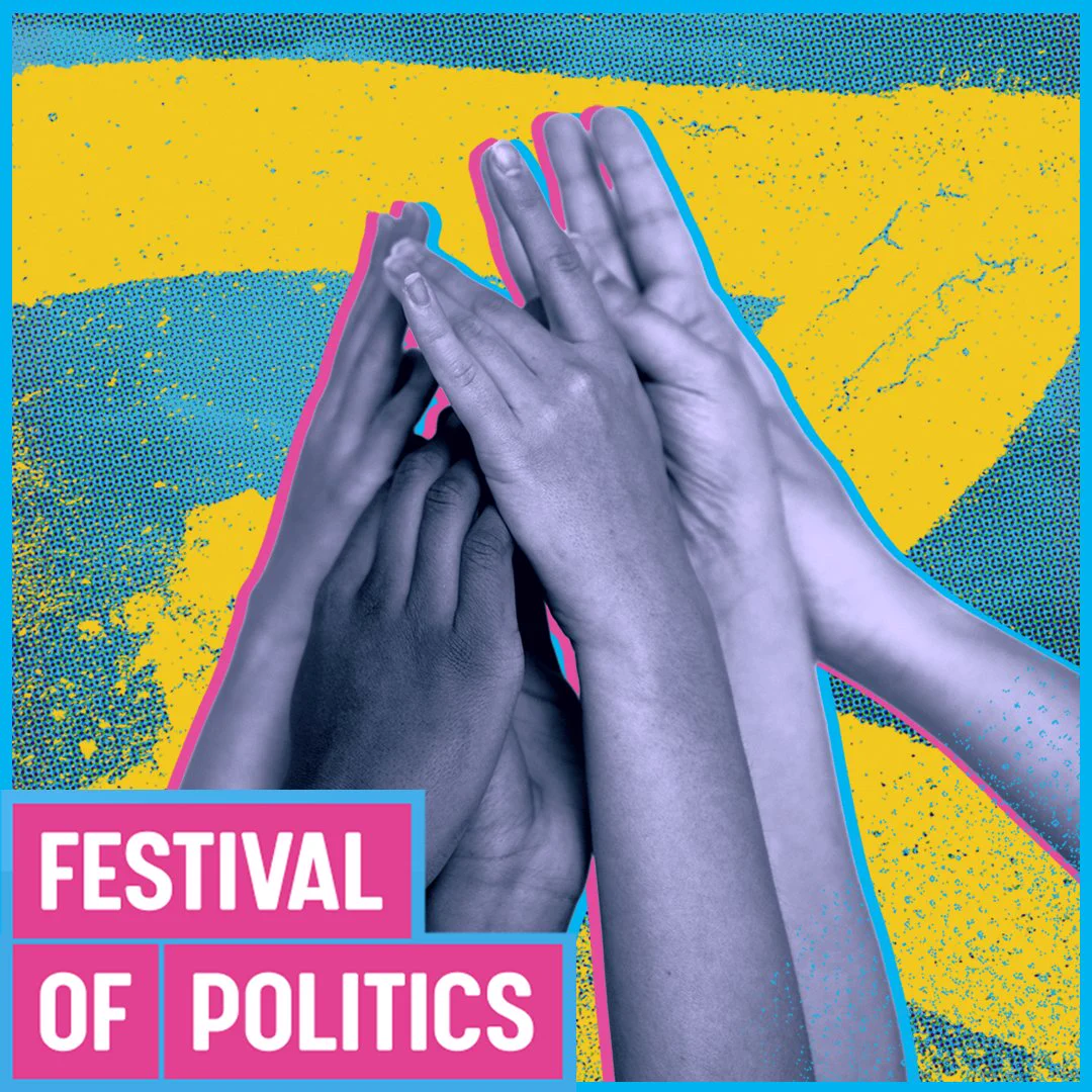 Different people's hands raised together against a vibrant yellow and blue background.
