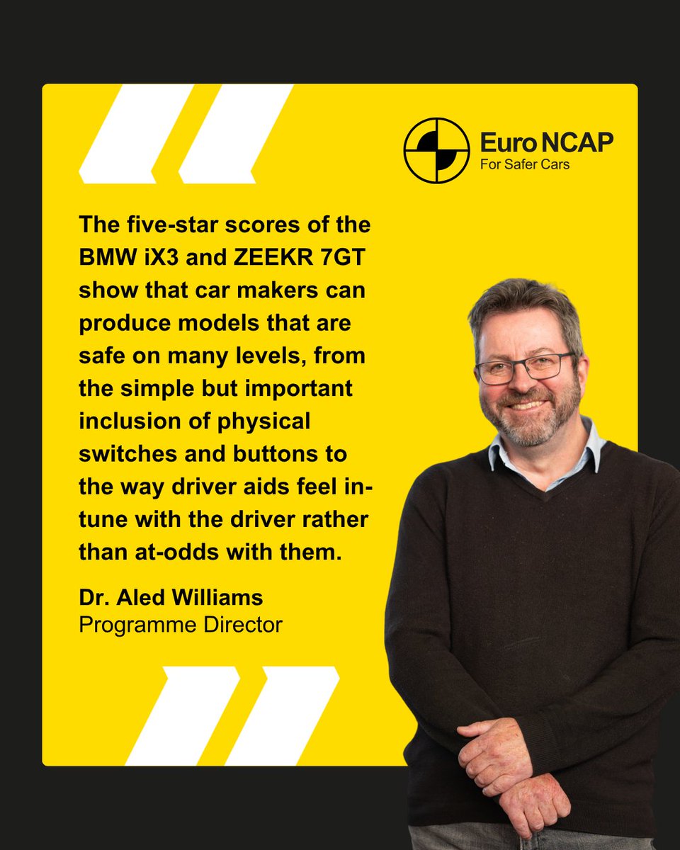 EuroNCAP's tweet photo. “The 5-star scores of the BMW iX3 and ZEEKR 7GT show that car makers can produce models that are safe on many levels,” says Dr. Aled Williams, Programme Director at Euro NCAP. 👏🏾
 
 https://t.co/MqNXBQrg6H 🚗
 
#forsafercars https://t.co/dj6piEQDlI