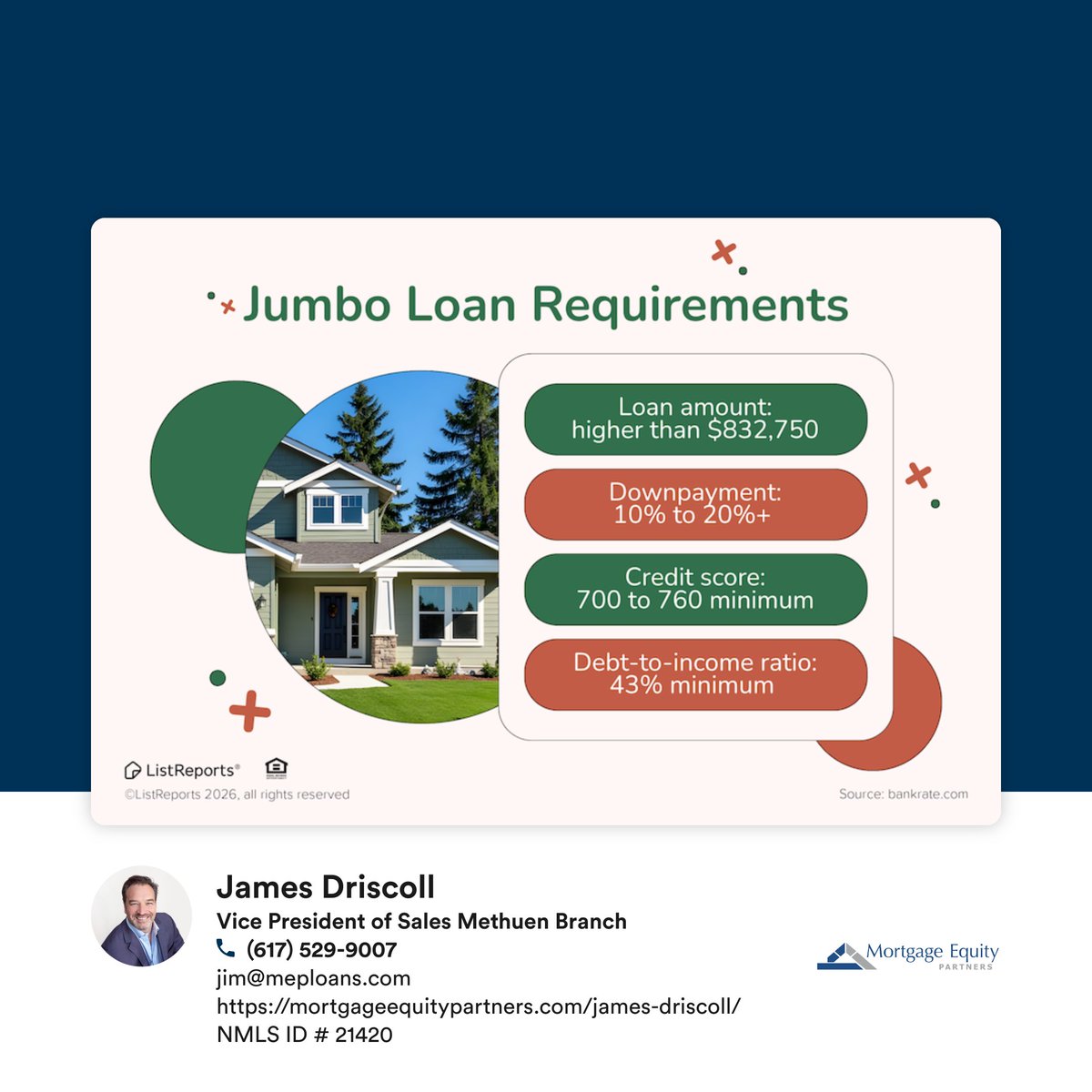 Financewithjim's tweet photo. https://t.co/dAouxe40Uq Jumbo loans work a little differently from conforming loans because they exceed the standard loan limits. 🏡 Since these loans involve larger loan amounts, lenders often have stricter qualification requirements, and the exact guidelines can vary from one lender to another. That's why it's helpful to understand your options early and have a plan before you begin your home search. If you're considering a higher-priced home and have questions about jumbo financing, send me a message, and let's explore what may be available to you! #thehelpfulLO #finances #lo070826 #realestate #investment