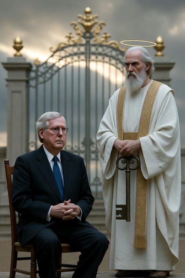 MarshaShgrrr's tweet photo. Saint Peter had a 20 minute conversation with Mitch McConnell and he still couldn’t convince Saint Peter to let him in! https://t.co/G1B4x2UxJ5