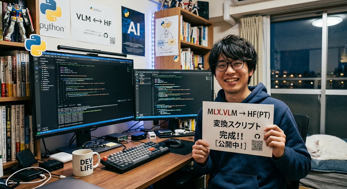 T_ai_hacker's tweet photo. MLX.VMLでLoRA作ってマージして新しいモデルにして使っていたんですが、このVLMもでるをHF（PT）モデルに戻すスクリプトがない！ 
困った！ ってことで作りました！  
需要あるのかどうかわからないけど、公開しときます。  

絵は適当にnanobanana2 
#localLLM #mlx #vlm
https://t.co/WOAhRLcI4c https://t.co/4y2mZwoB5F