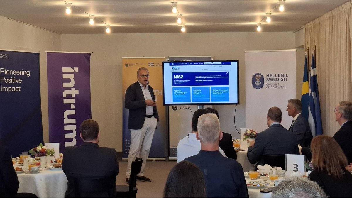 SwedeninGR's tweet photo. #BusinessBreakfast on cybersecurity/business continuity. Cybersecurity not merely an IT issue, but a matter of leadership, governance&amp;business resilience. Many thanks to speakers, Michail Bletsas, Gov. of🇬🇷 NationalCybersecurityAuthority &amp; Spyridon Papageorgiou, Partner at KPMG. https://t.co/e1gYTqho0A