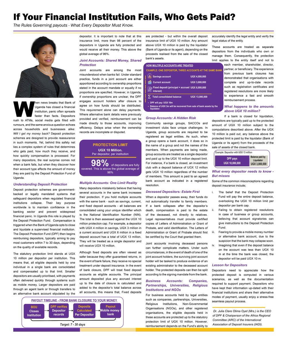 DPFUganda's tweet photo. If your bank was to close, who gets paid & how much?🤔

DPF protects deposits up to UGX 10 million per depositor, per institution - covering 98% of depositors (above the 96% global average).

Individual accounts. Joint accounts. Business accounts. Deceased depositors. We break it all down 👇
https://t.co/h0weAh2suf

#Yourdepositsareprotected up to UGX 10m.