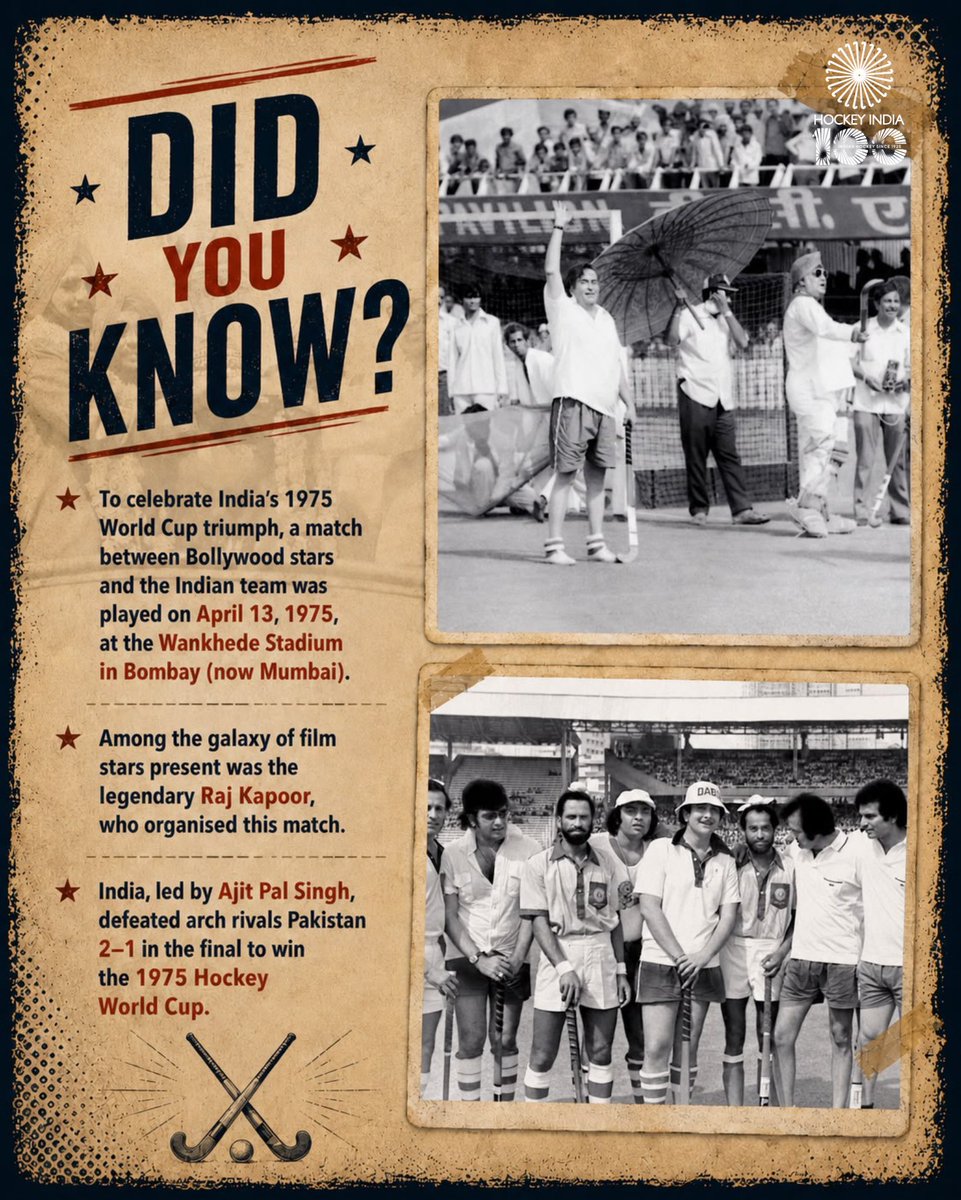 TheHockeyIndia's tweet photo. One of the most unique celebrations in the history of Indian hockey took place when 'The Greatest Showman of Indian Cinema', Raj Kapoor, honoured India's 1975 World Cup victory by organising a match between film stars and the champion Indian team led by the iconic Ajit Pal Singh. 🔥🙌

#HockeyIndia #IndiaKaGame #HockeyWorldCup #DidYouKnow