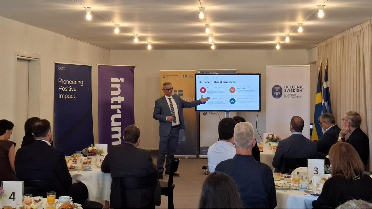 SwedeninGR's tweet photo. #BusinessBreakfast on cybersecurity/business continuity. Cybersecurity not merely an IT issue, but a matter of leadership, governance&amp;business resilience. Many thanks to speakers, Michail Bletsas, Gov. of🇬🇷 NationalCybersecurityAuthority &amp; Spyridon Papageorgiou, Partner at KPMG. https://t.co/e1gYTqho0A