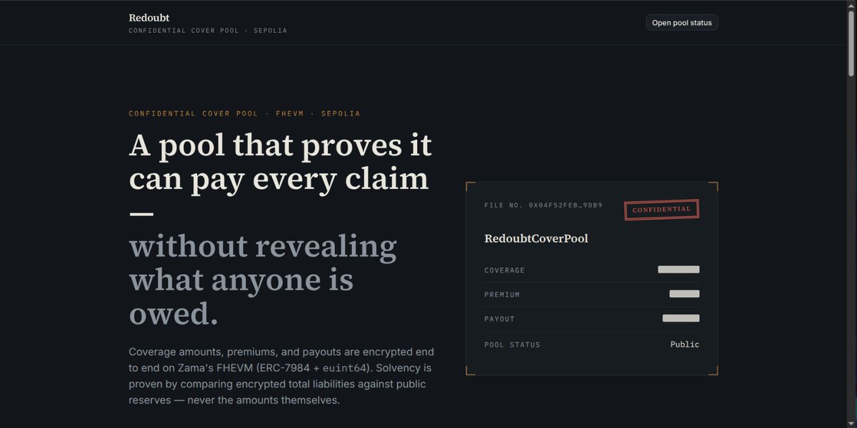 mrrwiicks's tweet photo. Most "private" DeFi insurance isn't actually private. Buy $2M of depeg cover, and you've just told the world you're sitting on a $2M position you're scared of losing.
We built Redoubt to fix that. 🧵

@zama https://t.co/G5AodB7cQe
