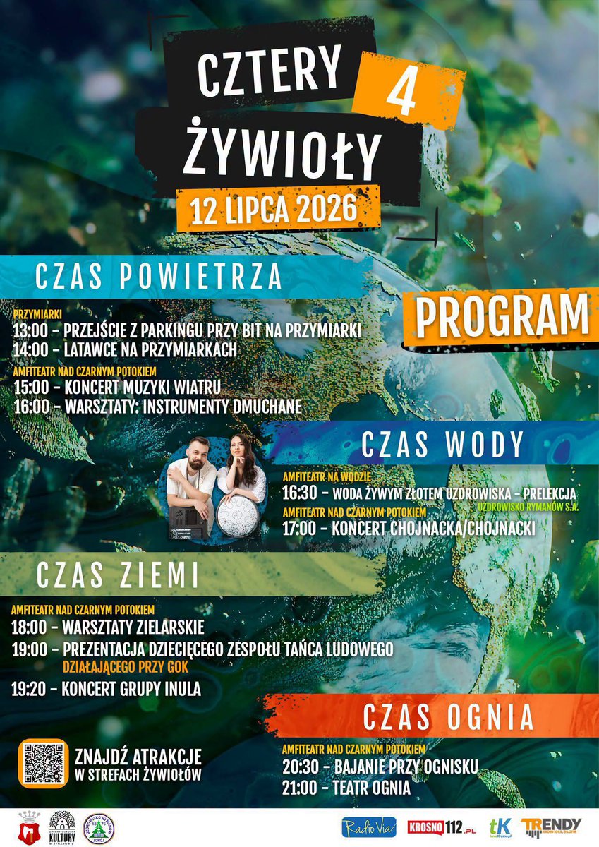 rymanowzdroj's tweet photo. Gminny Ośrodek Kultury w Rymanowie zaprasza na turystyczne wydarzenie ‘Cztery Żywioły’. Festiwal odbędzie się 12 lipca 2026 r. (niedziela). Wymarsz pieszo z Rymanowa-Zdroju na Przymiarki, szczegóły imprezy na plakacie:
#czarnypotok #amfiteatr #przymiarki #4żywioły #gok https://t.co/zyvMQZzbFW