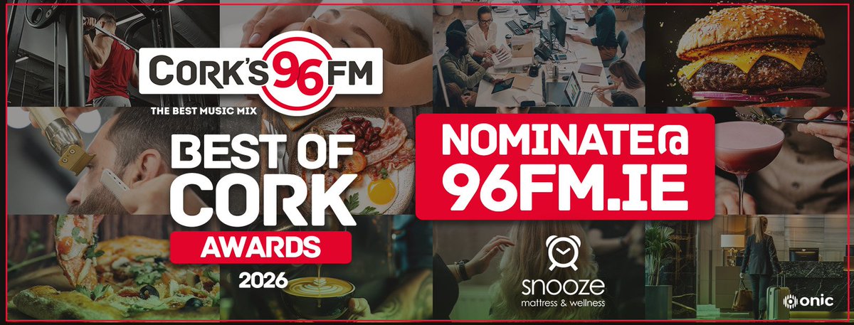 Corks96FM's tweet photo. 🚨 GET YOUR NOMINATIONS IN NOW 🚨 

The Cork's 96FM Best of Cork Awards are back, with Snooze Mattress &amp; Wellness, and we want you to nominate the best in Cork here 👇

https://t.co/SUIoo9lqBk https://t.co/AQUU3mkSkx