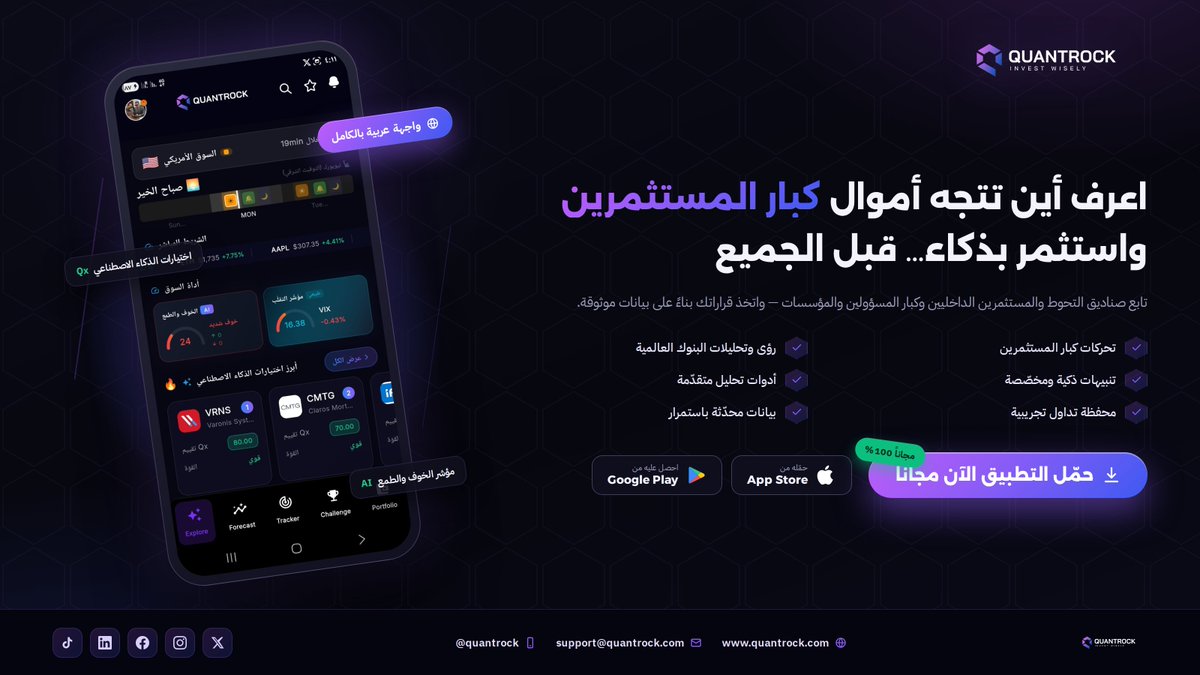 Quantrock_'s tweet photo. هل تبحث عن قرارات استثمارية أكثر وعيًا؟

مع QUANTROCK يمكنك متابعة تحركات كبار المستثمرين، والاطلاع على رؤى البنوك العالمية، والحصول على تنبيهات ذكية وأدوات تحليل متقدمة في منصة واحدة.

حمّل التطبيق اليوم، واستثمر بثقة مبنية على البيانات. 📈