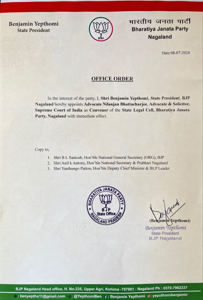 BJP4Nagaland's tweet photo. BJP Nagaland, under the leadership of State President Shri @YepthomiBen, appoints Advocate Nilanjan Bhattacharjee, Advocate & Solicitor, Supreme Court of India, as Convenor, State Legal Cell, BJP Nagaland, with immediate effect.

We extend our best wishes to Shri Nilanjan Bhattacharjee and are confident that his legal expertise and commitment will further strengthen the party's organizational and legal framework in the state.

@BJP4India @NitinNabin @blsanthosh @anilkantony @YanthungoPatton @AbhayGiriBJPMP