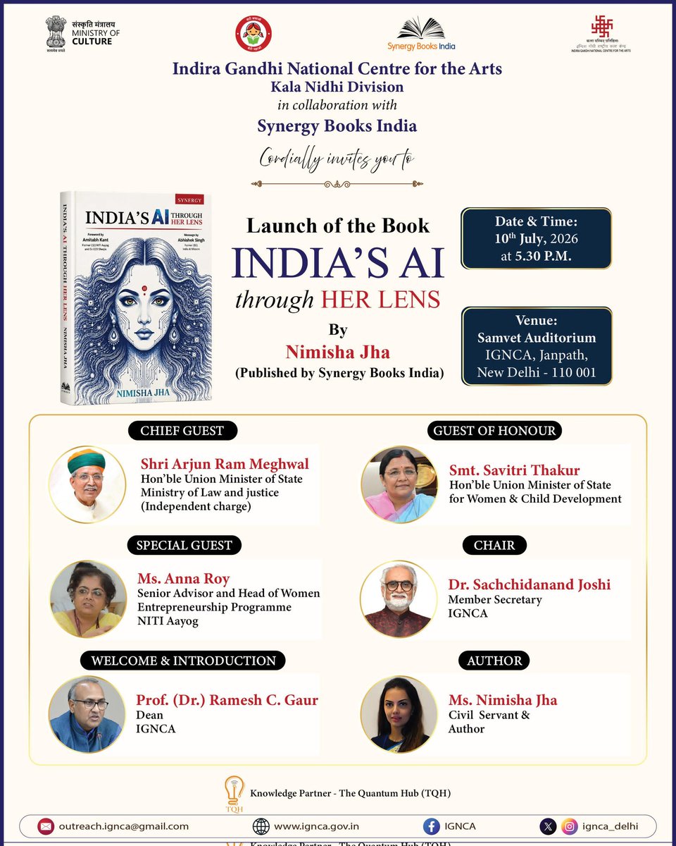ignca_delhi's tweet photo. Indira Gandhi National Centre for the Arts  invites you to the launch of India's AI Through Her Lens by Nimisha Jha, a thought-provoking exploration of Artificial Intelligence through the perspective of women.

📅 10 July 2026
🕠 5:30 PM
📍 Samvet Auditorium, IGNCA, Janpath, New Delhi

#IGNCA #BookLaunch #IndiasAIThroughHerLens #ArtificialIntelligence #WomenInAI #Innovation #Technology #Books #NimishaJha #KalaNidhi #NewDelhi #MinistryOfCulture #AI #WomenLeadership

@MinOfCultureGoI @gssjodhpur