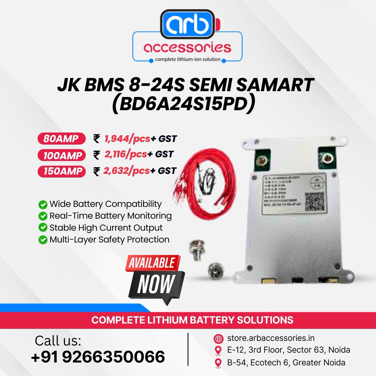 arb_ltd's tweet photo. ๐ฆโก Original JK Smart & Semi-Smart BMS Series!* Available at *ARB Accessories!
๐ฉ DM US FOR MORE INFORMATION
๐ +91 9266350066
๐https://t.co/4BZbLAJl3D
๐ Our Locations:
E-12, 3rd Floor, Sector 63, Noida
B-54, Ecotech 6, Greater Noida
#ARBAccessories #JKBMS #SmartBMS https://t.co/sbJMzocQrz
