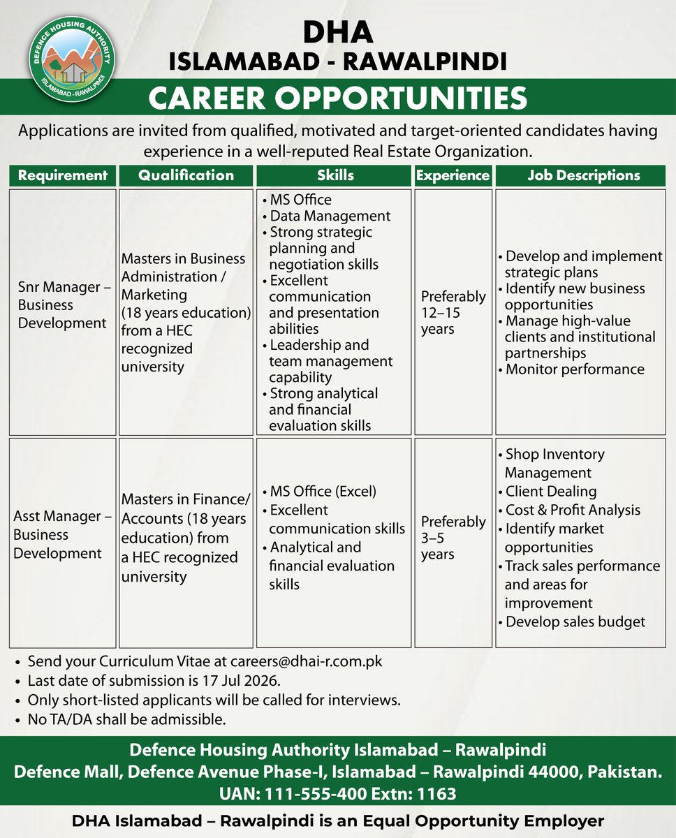 DHAIR_Official's tweet photo. Exciting career opportunities at DHAI-R!
We are looking for skilled and competent professionals to join our team.
Send your resume to hr@dhai-r.com.pk before the deadline.

#JobOpportunity #DHAIR #JoinDHA #Careers #Hiring #IslamabadJobs https://t.co/fG1n0PEXFU