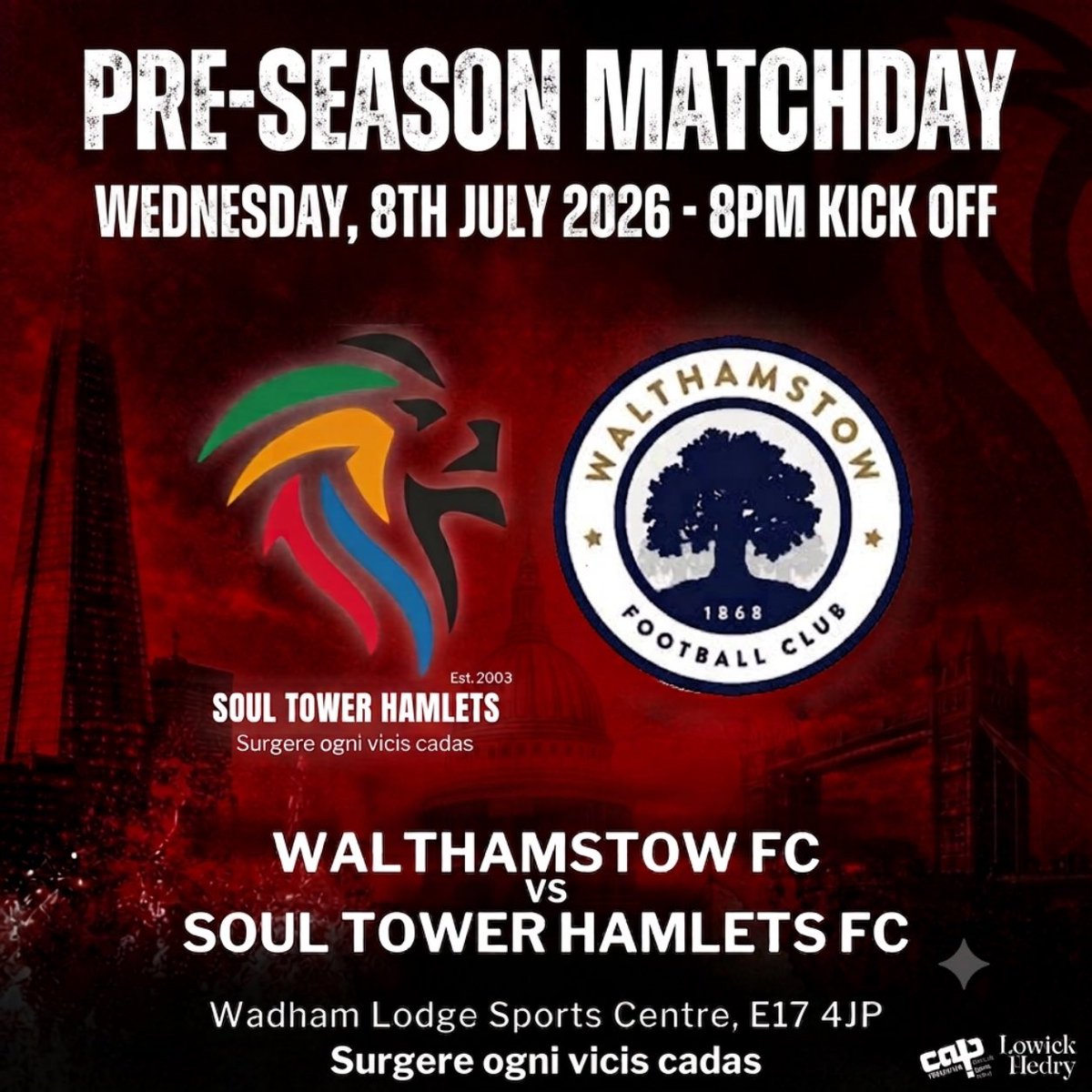 SoulTHFC's tweet photo. MATCHDAY!
Our second pre-season test sees us travel to face @WalthamstowFC tonight. ๐ช
๐ 8:00pm KO
๐ Wadham Lodge Sports Centre, E17 4JP
Come along and back the boys! โค๏ธ๐ค
#COYS #PreSeason #UpTheHamlets #NonLeagueFootball #Esl #groundhop
