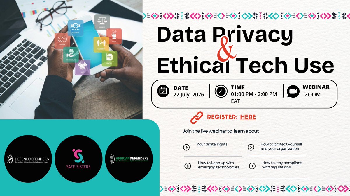 DefendDefenders's tweet photo. Join us on Wednesday 22 July 2026 for the second webinar in our SafeSisters programme series as we explore data privacy and ethical tech use. 

In this session, we will examine the importance of protecting personal and sensitive information while navigating digital spaces, as well as the ethical considerations that should guide the use of technology in human rights work.

Save the date and register here: https://t.co/wOCu9k6OQd
