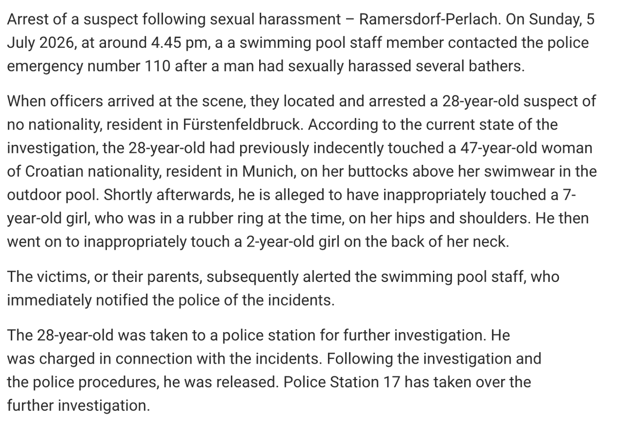 eugyppius1's tweet photo. Since 2015, German summers have been plagued by the Migroid Swimming Pool Molester – one of various villains wholly unknown to my childhood, now a nearly daily menace. Picrelated is the latest case, at the Michaelibad in Munich. Relatively mild incident this time. https://t.co/SoC6pM2MvP