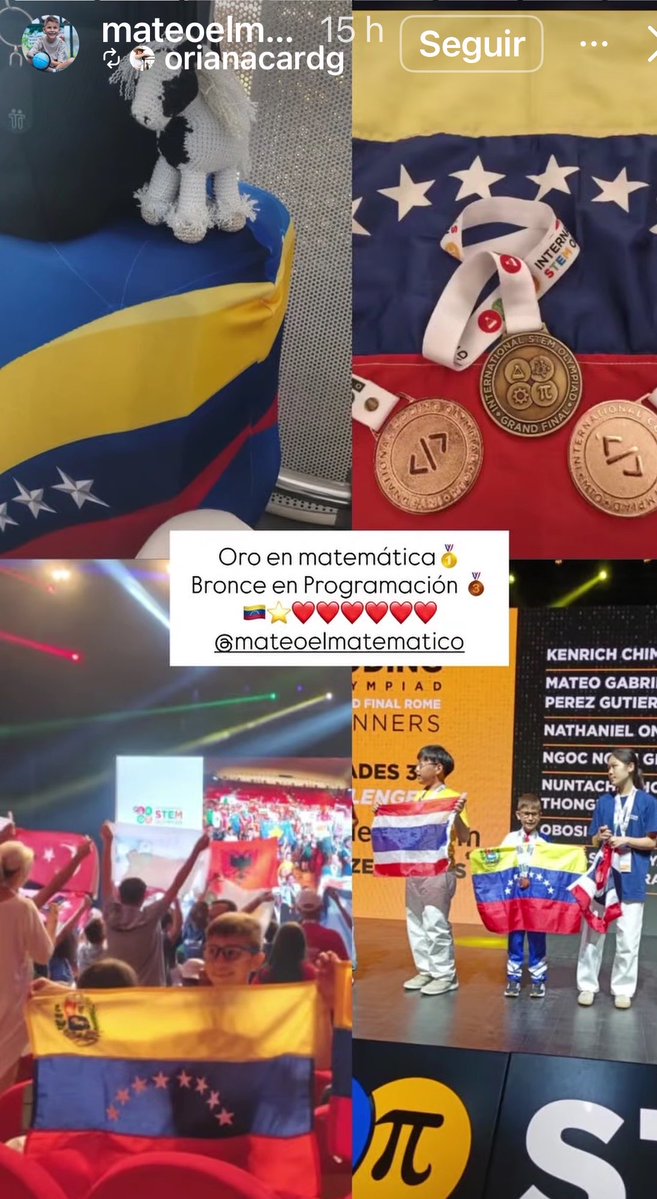 gabyarocha's tweet photo. “Mateo Pérez, el tachirense de 8 años de edad, ganó la medalla de oro 🥇 en Matemáticas y dos medallas de bronce en programación, ayer, en la Olimpiada Internacional de Matemática STEM en Roma, Italia”🙌🏻🙌🏻🙌🏻♥️🇻🇪
Mateo el matemático siempre es asombroso.
 https://t.co/pfLkXCDw8u https://t.co/PfPhr0IxqX