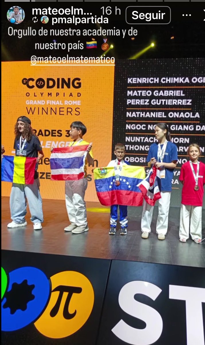 gabyarocha's tweet photo. “Mateo Pérez, el tachirense de 8 años de edad, ganó la medalla de oro 🥇 en Matemáticas y dos medallas de bronce en programación, ayer, en la Olimpiada Internacional de Matemática STEM en Roma, Italia”🙌🏻🙌🏻🙌🏻♥️🇻🇪
Mateo el matemático siempre es asombroso.
 https://t.co/pfLkXCDw8u https://t.co/PfPhr0IxqX