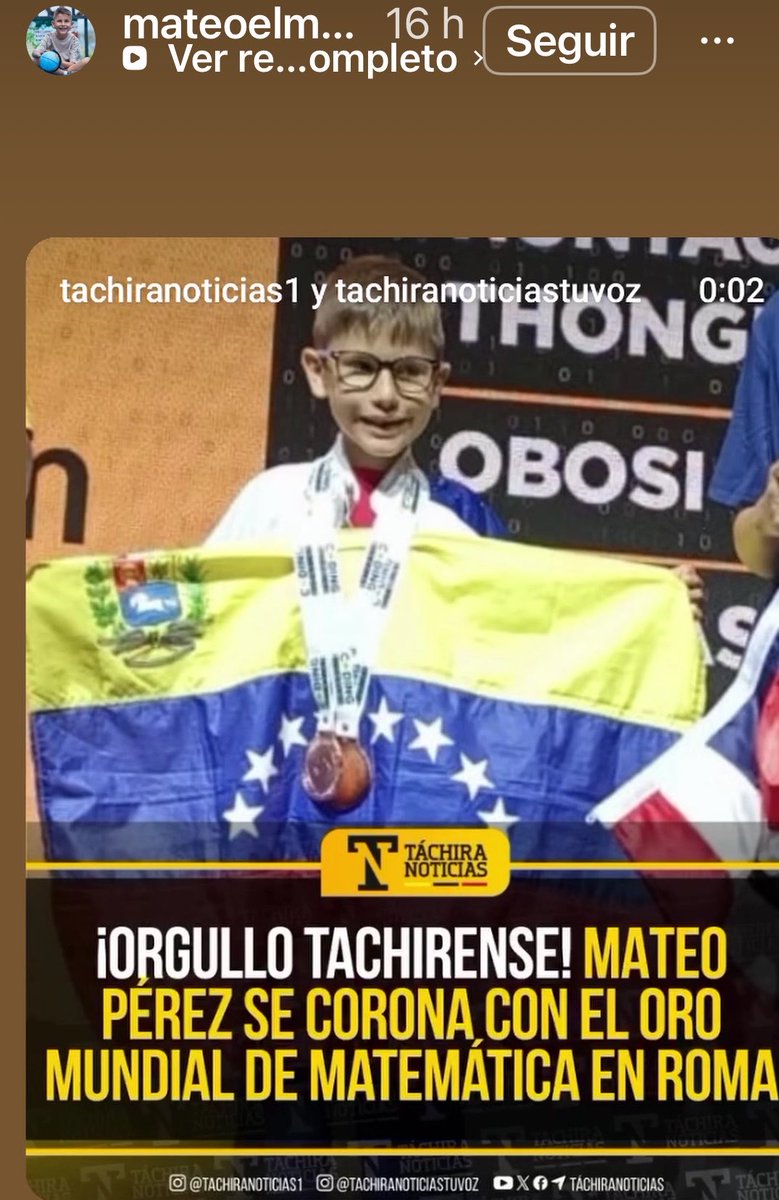 gabyarocha's tweet photo. “Mateo Pérez, el tachirense de 8 años de edad, ganó la medalla de oro 🥇 en Matemáticas y dos medallas de bronce en programación, ayer, en la Olimpiada Internacional de Matemática STEM en Roma, Italia”🙌🏻🙌🏻🙌🏻♥️🇻🇪
Mateo el matemático siempre es asombroso.
 https://t.co/pfLkXCDw8u https://t.co/PfPhr0IxqX