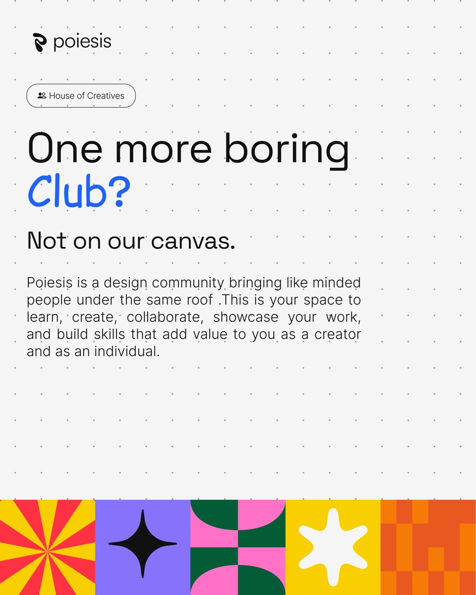PoiesisClub's tweet photo. Why POIESIS?

Because creativity grows when people create together.

Whether you're into graphic design, UI/UX, 3D or motion, you'll find opportunities to learn, build real projects, and leave your mark—on real-world creations that matter. 🚀 https://t.co/V3xFXA0QFE