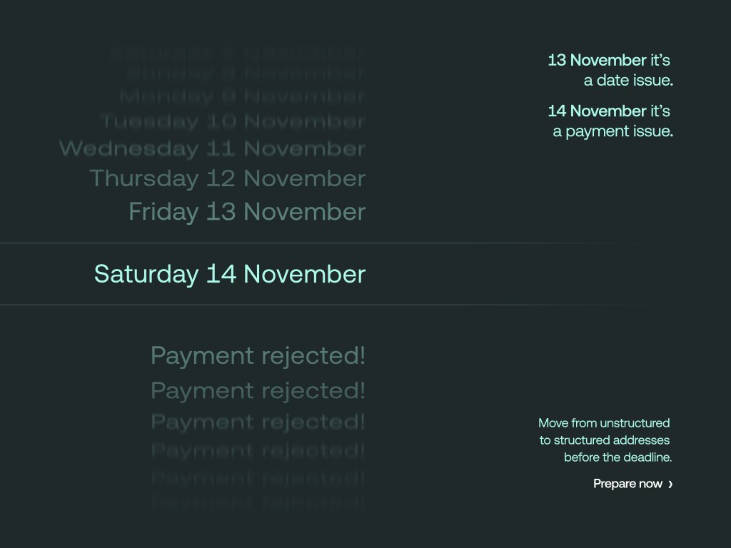 swiftcommunity's tweet photo. Unstructured addresses are being phased out in cross-border payments, but why?

Structured address data enables:
• Greater straight-through processing
• More effective compliance screening
• Enhanced transparency across the payments chain
 
For financial institutions, corporates and infrastructures alike, the priority is clear: prepare early, ensure data readiness and avoid disruption. https://t.co/lUAMBURqow

#ISO20022 #Payments