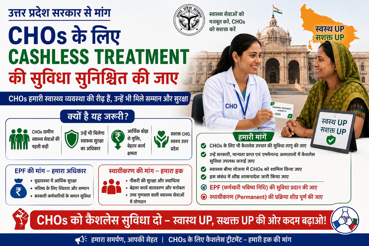 sabir4india's tweet photo. उत्तर प्रदेश के #NHM #CHOs की प्रमुख मांगें:
✅ नियमितीकरण (Permanent)
✅ EPF लागू किया जाए
✅ कैशलेस स्वास्थ्य उपचार की सुविधा दी जाए
सेवा का सम्मान, सुरक्षा और स्थायित्व हमारा अधिकार है।
@myogiadityanath @brajeshpathakup @JPNadda
#PermanentCHOs #EPF #CashlessTreatment https://t.co/S68BwtuwP0