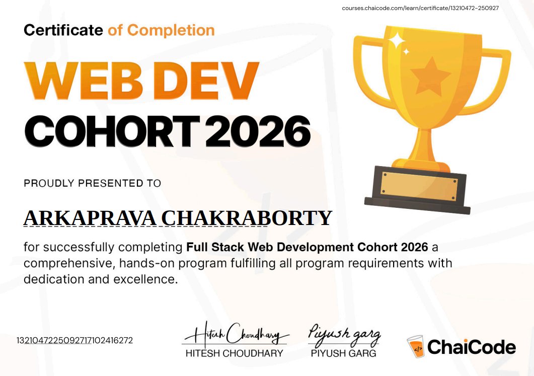 Arkaprava01's tweet photo. Officially completed my 6-month @ChaiCodeHQ  Web Development Cohort and earned my certificate.

Grateful to the mentors, peers, and everyone who supported me throughout this journey.

#chaicode  #webdevcohort https://t.co/Y3hsI1TsYo