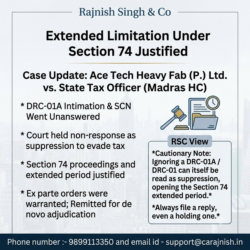 theRajnishkumar's tweet photo. Extended limitation under Section 74 upheld where DRC-01A &amp; DRC-01 notices remained unanswered. Non-response can impact taxpayer defenses and proceedings. 

#GST #Section74 #TaxUpdate #GSTLaw #LegalNews #TaxProfessionals #CA #Finance #India #Compliance #Trending #RSC #RSCUpdate https://t.co/g3N0aDHBJL