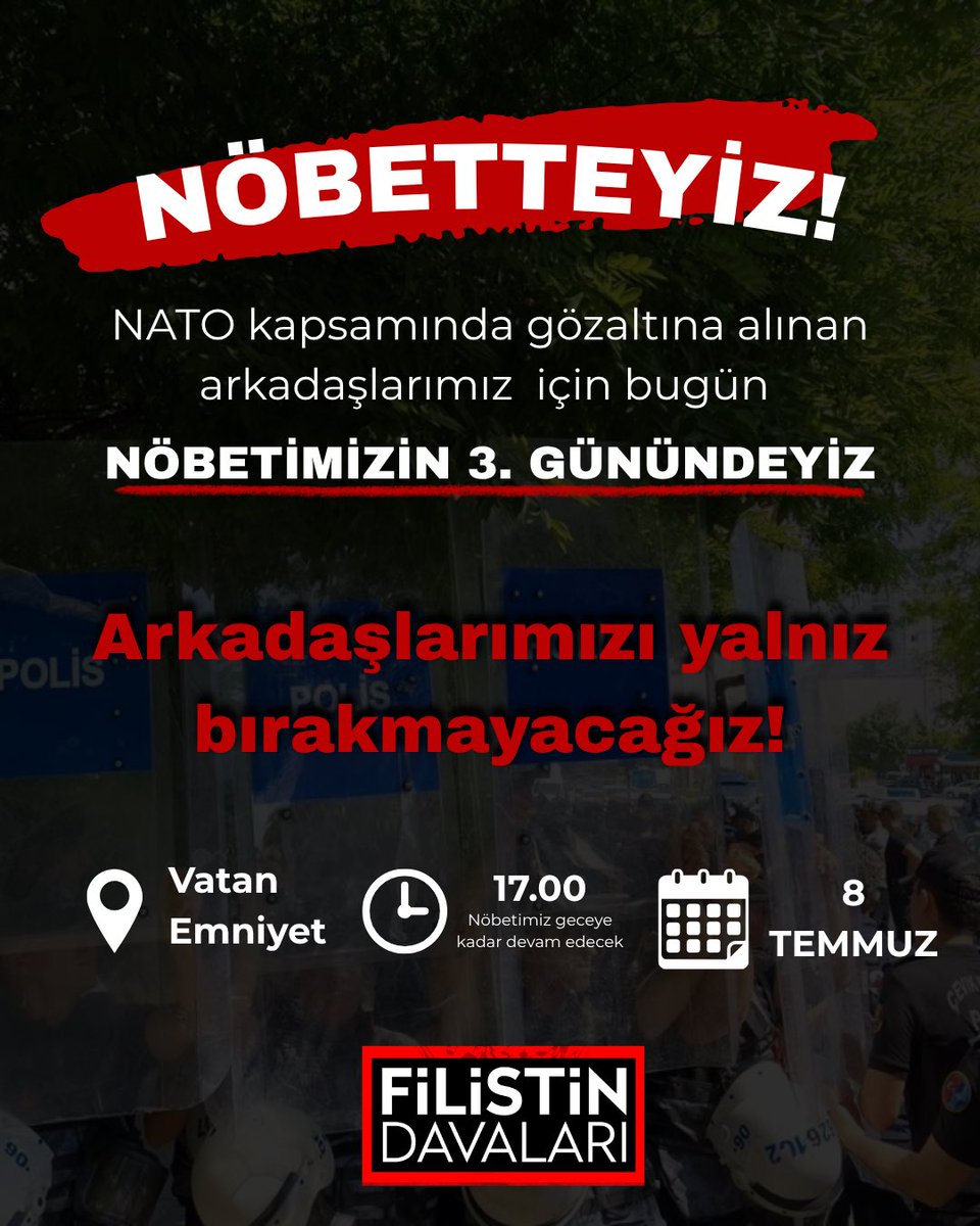 filistndavalari's tweet photo. DAYANIŞMA ÇAĞRISI

NATO Zirvesi gerekçesiyle hukuksuzca, operasyonlarla gözaltına alınan arkadaşlarımızı yalnız bırakmıyoruz. 

Vatan Emniyette tutulan arkadaşlarımız için bugün saat 17.00’de bir araya geliyoruz. 

Çağrımız açık ve net; Suçlu olan arkadaşlarımız değil, NATO’dur. Halkların katillerini cezalandırın!