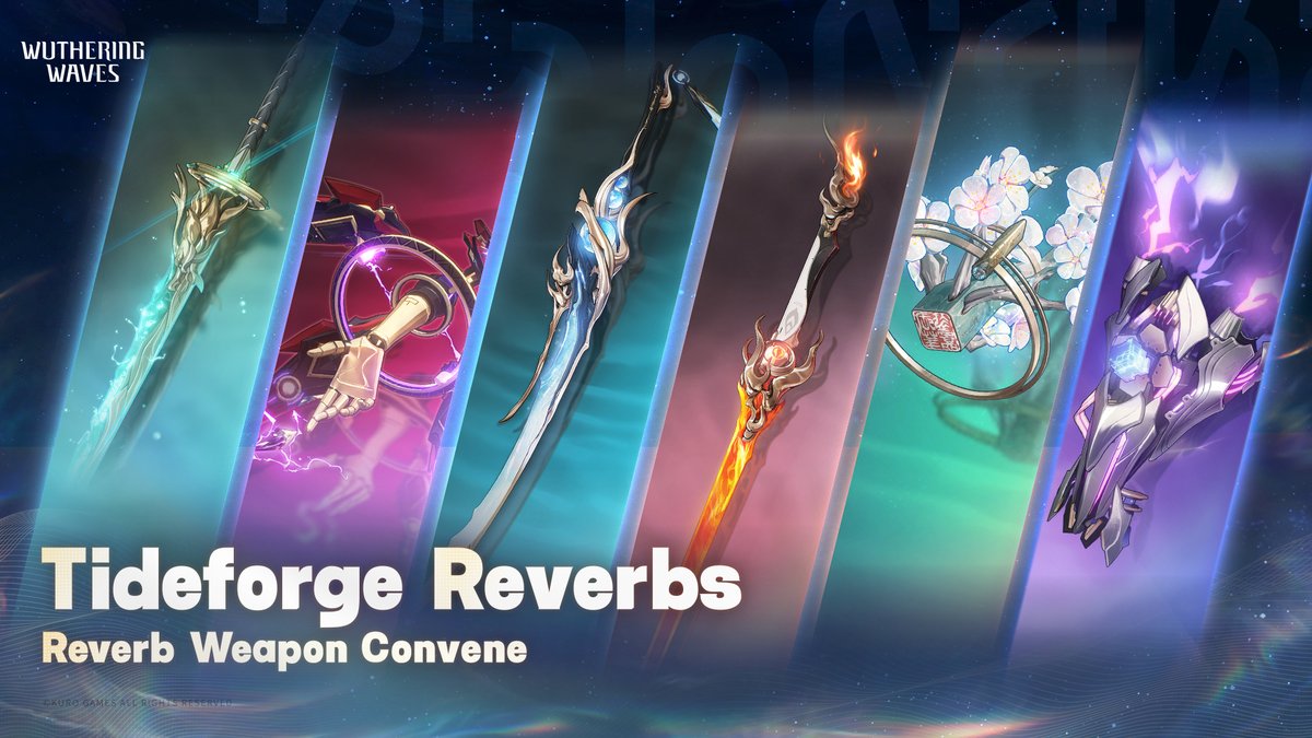 Wuthering_Waves's tweet photo. [Tideforge Reverbs] Reverb Weapon Convene
During the event, selectable 5-Star Weapons: Verdant Summit, Stringmaster, Ages of Harvest, Blazing Brilliance, Rime-Draped Sprouts, and Verity's Handle, and 4-Star Weapons: Dauntless Evernight, Variation, and Endless Collapse receive boosted drop rates!

✦Duration✦
Version 3.5 update - 2026-08-19 11:59 (server time)

✦Eligibility✦
- Reach Union Level 5.
- Or complete the combat trial in First Resonance.
- Or access Main Quest Fast Track Event and proceed with the Main Quest until you reach a certain point.

✦Convene Rules✦
- [Tideforge Reverbs] is a Reverb Weapon Convene event banner. Use Forging Tide to convene. You are guaranteed at least one 4-Star or higher rarity Resonator or Weapon every 10 attempts.
- The guarantee count is shared among all Reverb Weapon Convene events and is carried over until a 5-Star Weapon is obtained. Any guarantee count not resulting in a 5-Star Weapon in this Reverb Weapon Convene banner will carry over to the next Reverb Weapon Convene banner.
- You can select one 5-Star Weapon within a designated range as the Featured Weapon of the event banner (you can re-select at any time). Every time a 5-Star Weapon is obtained, it is guaranteed to be the Featured 5-Star Weapon selected. 
- Selectable 5-Star Weapons: Verdant Summit, Stringmaster, Ages of Harvest, Blazing Brilliance, Rime-Draped Sprouts, and Verity's Handle.

※For more details, please refer to the in-game Convene page.

#WutheringWaves