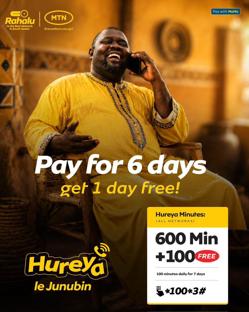 MTNSSD's tweet photo. Hureya isn't just a feeling, itβs buying once and receiving minutes every day for 6 days, then MTN gives you Day 7 FREE.
And yes, your unused minutes are carried to the next day!
Dial *100*3# to get started.
#Switch2MTN #BestNetwork https://t.co/PvuI1GOyWW