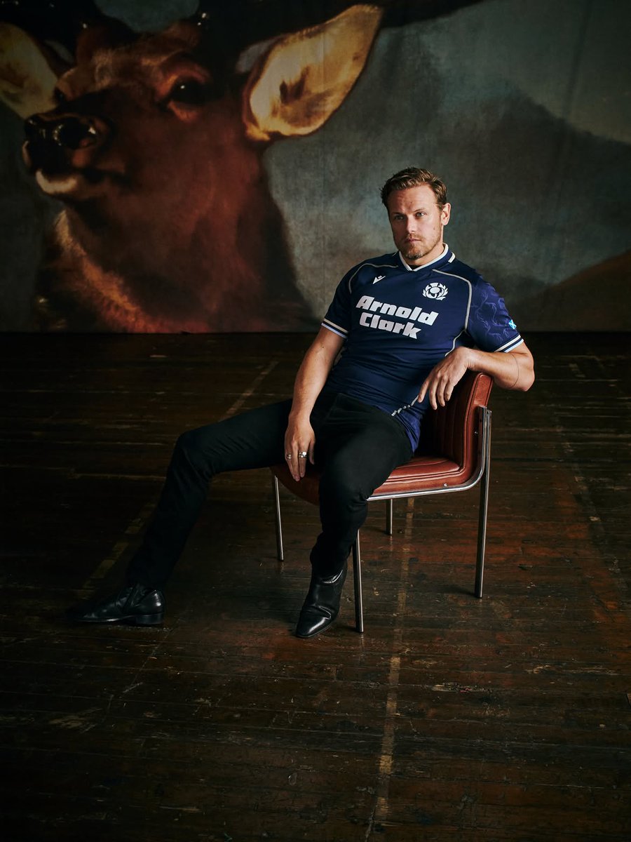 peekaboo_jen's tweet photo. The stage is set. Now let them play. "Presenting the Scotland home kit for 2026/27.
For tonight’s performance, the role of Finn Russell will be played by @samheughan… A starring role for one of Scotland’s leading actors. Catch our new home kit in action for the first time as we face Fiji on 18 July. 
Kit and tickets on sale now."

Great PR for the up-and-coming game!
#Scotland 
#SamHeughan