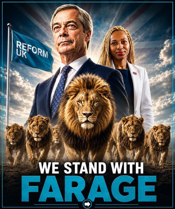 iamcassierowan's tweet photo. Please follow and repost 

🦁 We STAND with Farage!
Reform UK is ready to fight for Britain. Real leadership. Real change.
Who’s with us? 🇬🇧 #WeStandWithFarage #ReformUK https://t.co/sRPbNxQUJU