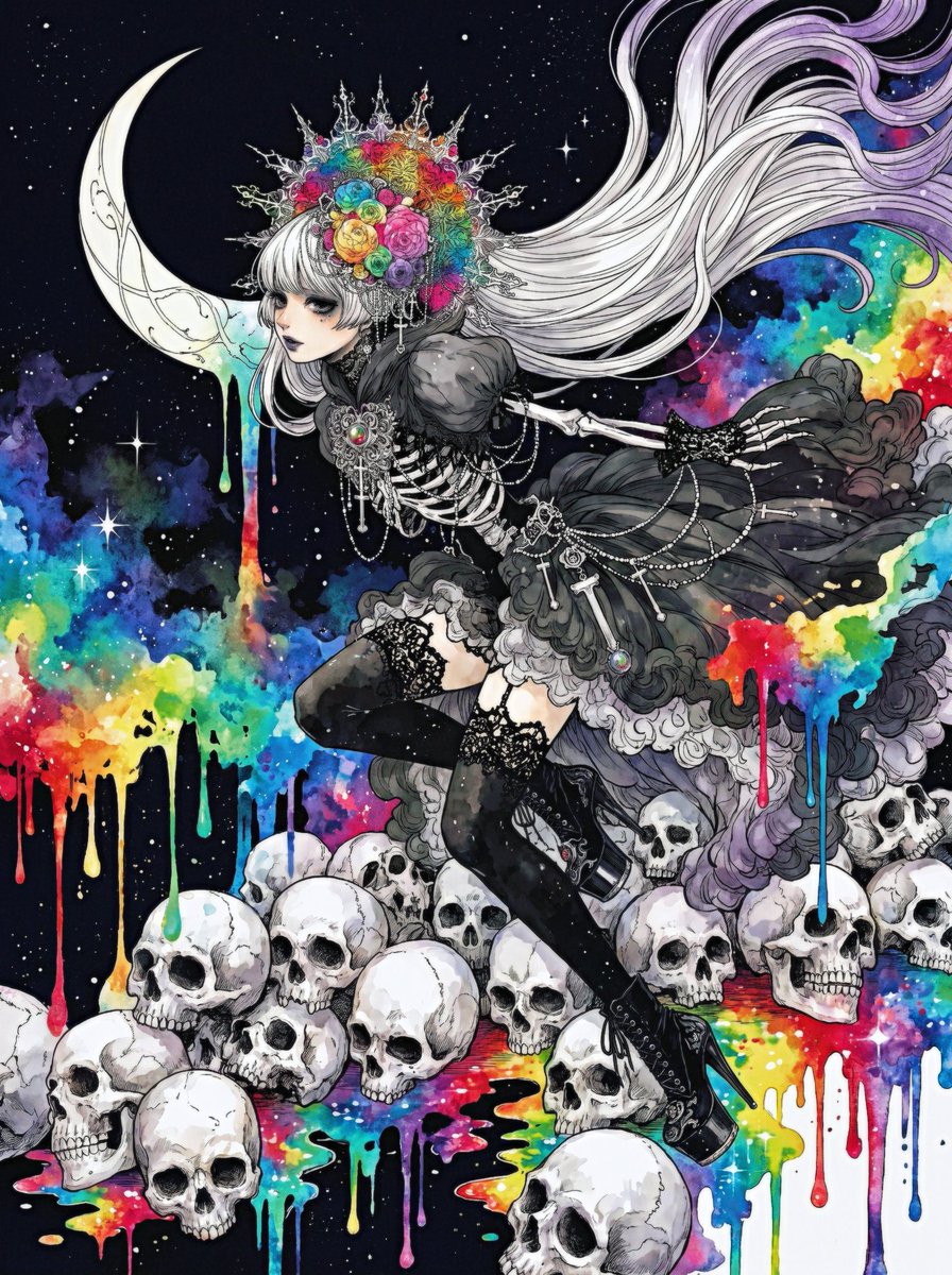 【原画】少女と骸骨　ペン画　透明水彩　ゴシック　ダークファンタジー 永夜彩葬』 Evernight Chromatic Requiem ゴシック ダークファンタジー