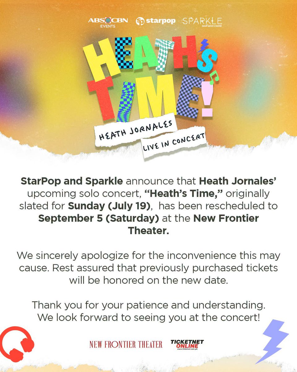 NoonasOfHeath's tweet photo. For everyone’s information:

HEATH’S TIME: Heath Jornales Live in Concert NEW SCHEDULE.

Buzzbears, looks like 𝗛𝗘𝗔𝗧𝗛'𝗦 𝗧𝗜𝗠𝗘: 𝗛𝗘𝗔𝗧𝗛 𝗝𝗢𝗥𝗡𝗔𝗟𝗘𝗦 𝗟𝗜𝗩𝗘 𝗜𝗡 𝗖𝗢𝗡𝗖𝗘𝗥𝗧 just needs a little more time. ⏰🧸

We'll be seeing each other on September 5 at the New Frontier Theater. 

Thank you for your patience and understanding. We promise it'll be worth the wait. 

#HeathJornales #HeathsTime 

(c) StarPop PH