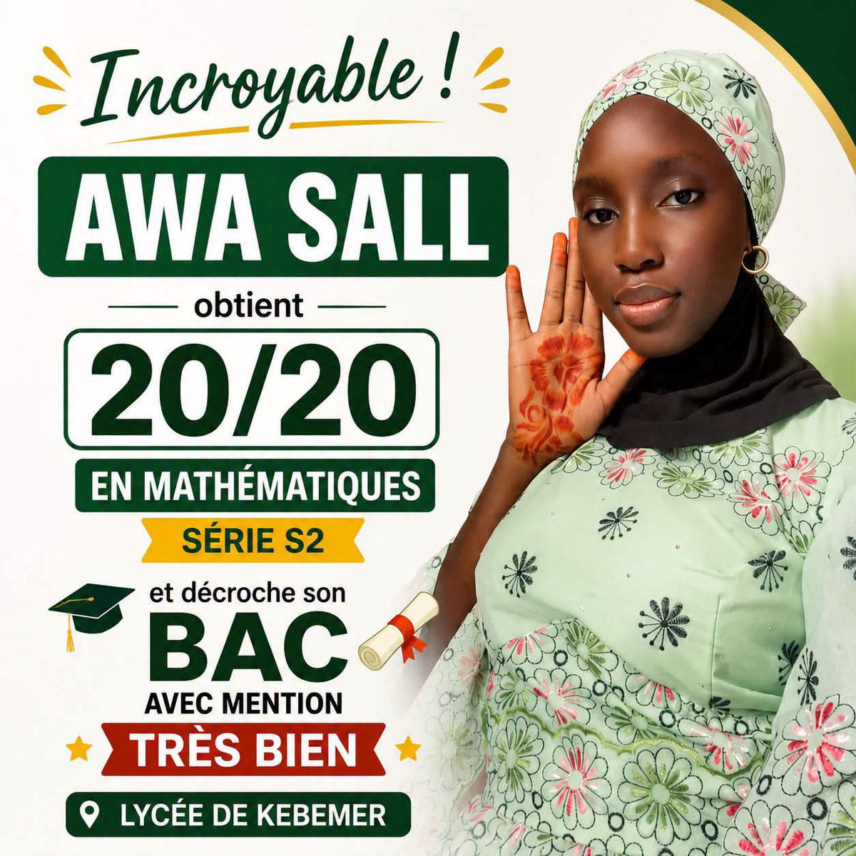 Mansour39097328's tweet photo. Bac 2026: Awa Sall a obtenu une note de 20/20 en mathématiques série S2, une véritable prouesse. https://t.co/A0Vl16eX6x