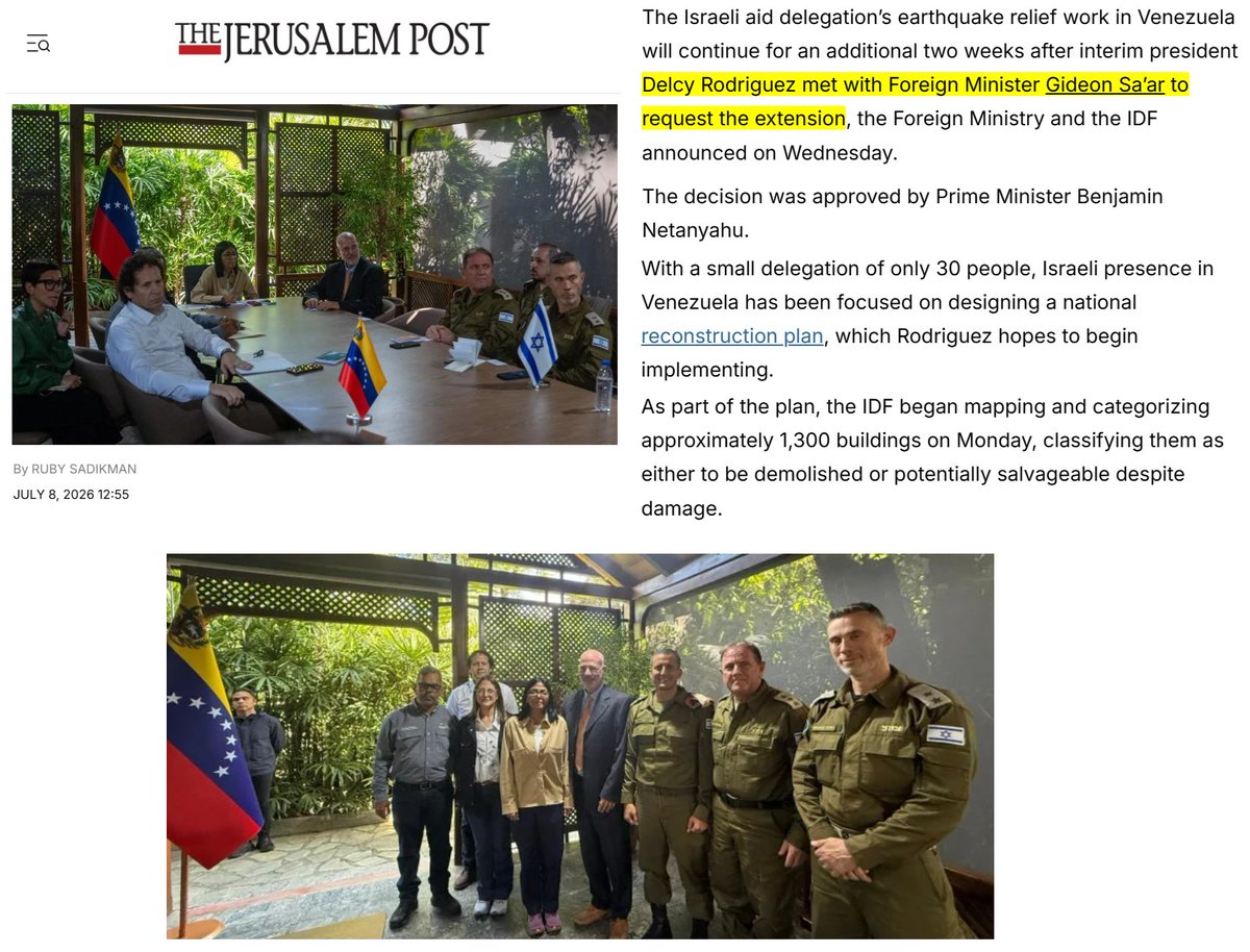 zei_squirrel's tweet photo. here's some recent photos of epic revolutionary radical socialist hero and definitely not CIA-Mossad puppet Delcy Rodríguez sitting with genocidal Zionist Israeli rape-soldiers. She's now getting puff pieces written about her in Israeli Zionist hasbara rags like the Jerusalem Post, which laundered the 40 beheaded babies hoax by claiming they verified photos of it. They note that Delcy personally requested the Israeli foreign minister and Netanyahu that they stay longer and map buildings and design a "reconstruction plan" for them. 

Not only is this actively and intentionally doing PR for the genocidal Israeli death and rape-cult as it is mass murdering and raping across the world, it is also a de facto re-establishment of diplomatic relations with it which Chavez had severed in 2009 after the Gaza massacres at the time. It's a complete betrayal of everything Chavismo stood for, and the most disgusting and depraved part is that she is forcing it through under the guise of humanitarian aid so as to silence any domestic critics. 

The Delcy CIA-Mossad regime had already de facto become an Israeli slave state by giving oil to them and defending it with "but it's being done by intermediaries!!!" which a lot of pseudo-radical fucking morons in the West regurgitated to help launder it.

Delcy is a repulsive CIA-Mossad puppet scumbag piece of shit, and every pseudo-radical hack who laundered her regime is either a fucking idiot, a deliberate liar, or a combination of both.