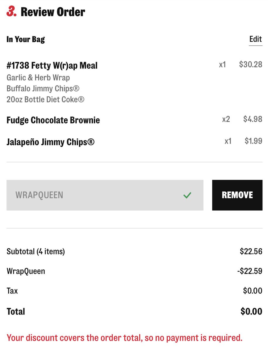 GlitchedDeals's tweet photo. FREE JIMMY JOHN'S CODE GLITCH

Sign into a JJ Rewards account and add the Wrap Meal to cart

Use the code 'WRAPQUEEN' at checkout to get it for free

Make sure order equals $0.00, add or remove sides until it does

Schedule for pickup later today and pickup fast! https://t.co/x9p62Y1VOH