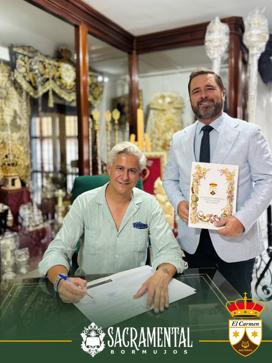 VCruzBormujos's tweet photo. 🎺 𝗙𝗜𝗥𝗠𝗔 𝗗𝗘 𝗖𝗢𝗡𝗧𝗥𝗔𝗧𝗢 // El pasado martes 7 de julio, nuestro Hermano Mayor recibió a 𝗗. 𝗝𝗼𝗿𝗴𝗲 𝗩𝗮𝗹𝗲𝗿𝗮, presidente de la 𝑆𝑜𝑐𝑖𝑒𝑑𝑎𝑑 𝐹𝑖𝑙𝑎𝑟𝑚𝑜́𝑛𝑖𝑐𝑎 𝑁𝑢𝑒𝑠𝑡𝑟𝑎 𝑆𝑒𝑛̃𝑜𝑟𝑎 𝑑𝑒𝑙 𝐶𝑎𝑟𝑚𝑒𝑛 𝑑𝑒 𝑆𝑎𝑙𝑡𝑒𝑟𝑎𝑠. https://t.co/LHslUybbbl