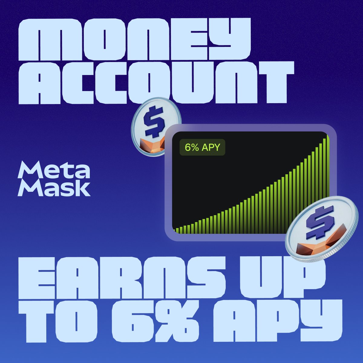 MetaMask's tweet photo. Earn up to 6% APY automatically with MetaMask Money Account. Trade, send, and spend as your balance keeps earning. No hidden fees, no minimums, no lockups. APY is variable and not guaranteed. Not a bank account. Availability varies by region.