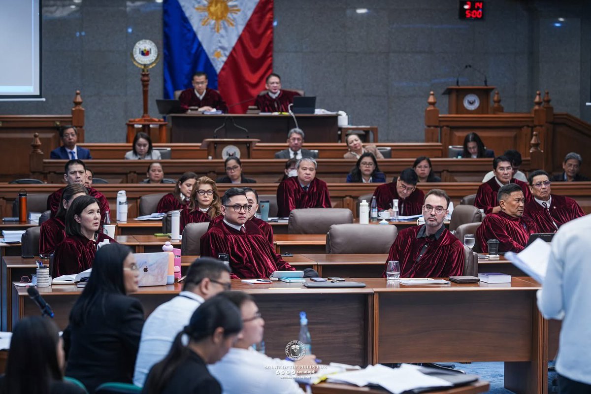 senatePH's tweet photo. The defense team of Vice President Sara Duterte cross-examined the first witness presented by the House prosecution panel during the third day of the impeachment trial on Wednesday, July 8, 2026.

The Senate, sitting as an impeachment court, resumed tackling Article IV of the Articles of Impeachment, which covers the alleged grave threats of the vice president against President Ferdinand Marcos Jr., First Lady Liza Araneta-Marcos, and former House Speaker Martin Romualdez. (1/2) #SenatePH