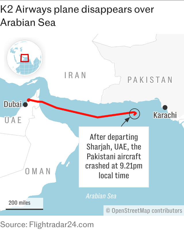 Telegraph's tweet photo. A Boeing 737 cargo aircraft carrying five crew members has crashed into the Arabian Sea.

The Pakistan-registered plane vanished from radar 155 nautical miles west of Karachi, off Pakistan’s southern coast.

🔗:https://t.co/SElTsdRT35 https://t.co/ej3L7GHeWB