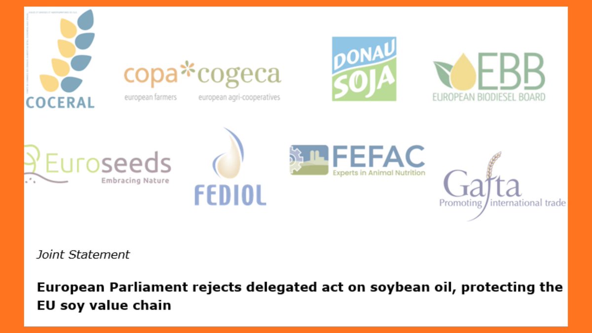 FEDIOL_EU's tweet photo. 📢Great news: the objection to the Commission Delegated Regulation (EU) 2026/2680 which 'd have classified #soybean oil as a high indirect land-use change (ILUC) risk feedstock under the #RED, was 𝗮𝗱𝗼𝗽𝘁𝗲𝗱 today in the #EPlenary 🎉
Joint statement 👉 https://t.co/42jIEcwCY0 https://t.co/4eBkQ7WqFB
